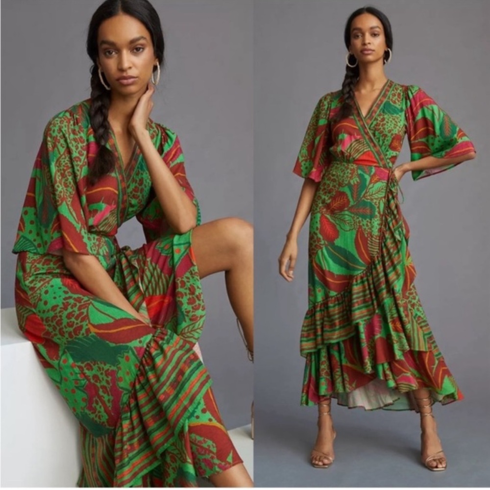 Farm Rio flutter sleeve Green and Red Wrap Dress